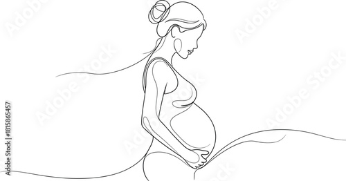 Continuous line drawing of pregnant woman profile, minimalist vector illustration, maternity concept, mother holding belly, isolated on white.