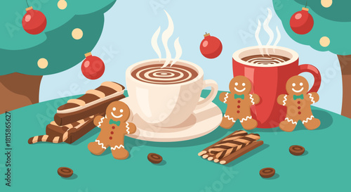 Enjoying hot cocoa with gingerbread men cookies under a Christmas tree, perfect for cozy holiday moments and festive celebrations with family and friends