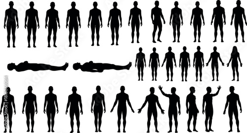 Large set of human silhouettes, men and women standing, walking, lying down, black vector illustration collection, isolated on white background.
