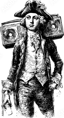 Engraving of a man in antique costume with a boombox. Black line drawing, vintage vector illustration showcasing classic style and historical fashion.