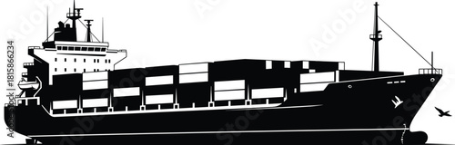 Black and white silhouette of cargo container ship, side view of heavy freighter vessel, maritime transport logistics vector illustration, isolated