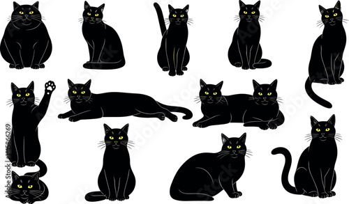 Set of black cat silhouettes with yellow eyes, vector illustration collection, isolated on white background, Halloween animal icons, various poses.