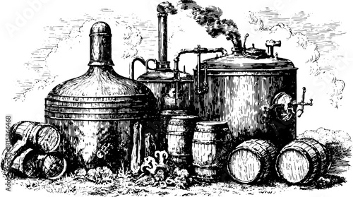 Engravings of antique distillation equipment and barrels in a hand-drawn style. Vintage vector illustration set showcasing historical machinery.