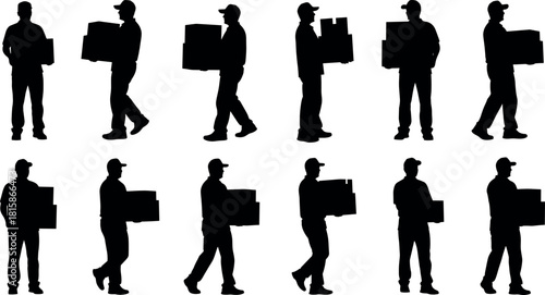 Set of delivery man silhouettes carrying boxes, courier holding package, black vector illustration collection, mover service worker, isolated on white background.