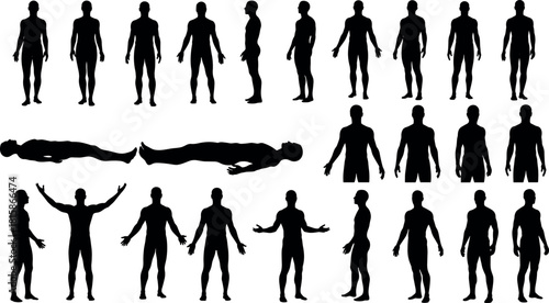 Set of human male silhouettes in various poses, standing, lying, walking, front and side view, black vector illustration collection, isolated.