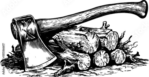 Illustration of an ax and stacked logs in vintage engraving style. This vector set emphasizes craftsmanship and rustic outdoor themes.