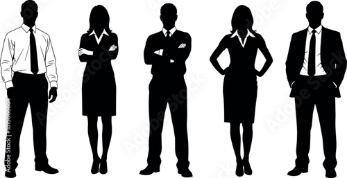 Silhouette of business team standing in row, professional group of men and women, black vector illustration isolated on white background, corporate staff.
