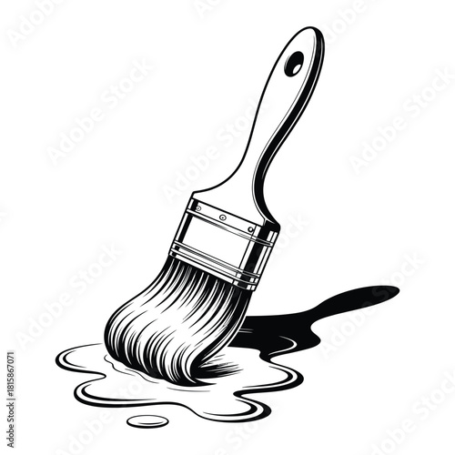 Paint brush with a puddle of paint isolated on handdrawn illustration of a painters tool, perfect for creative projects and artistic designs