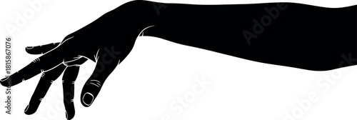 Silhouette of human hand reaching down, black arm vector illustration, isolated on white background, pointing fingers, gesture design element, art.