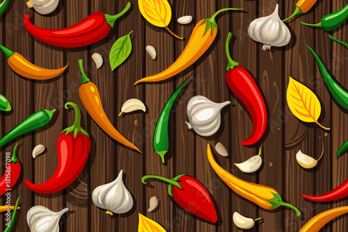 Spicy Symphony: A vivid display of various chili peppers and garlic cloves laid artfully on a dark wooden surface, creating a delicious visual harmony.