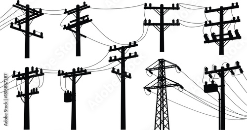 “Electrical power line pole silhouette collection for infrastructure illustration, utility transmission network design, industrial energy distribution vector artwork set”