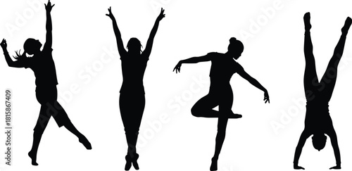 “Silhouette dancers performing dynamic movement poses, creative dance figure illustration for fitness choreography, artistic motion design and expressive body artwork vector”
