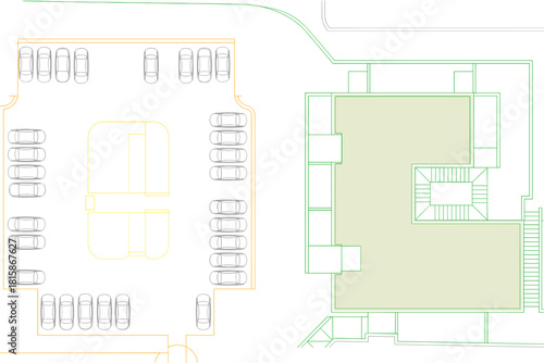 Architectural site plan with parking layout, car top view arrangement, building footprint and roadway lines in clean cad drawing flat vector illustration