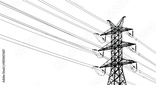 Black silhouette of high voltage electric transmission tower, industrial power line pylon with cables, energy infrastructure grid on white background