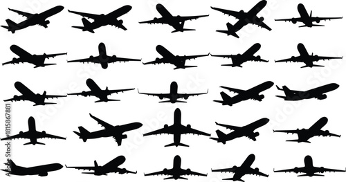 Black silhouette vector collection of commercial airplanes, flying aircraft set, aviation transport icons, passenger jet shapes isolated on white background.