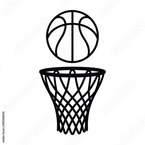 A basketball poised above a net, ready to score, isolated on, symbolizing sportsmanship, competition, and the thrill of the game