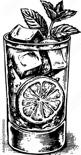 Cocktail in a glass with lime and mint. Black and white vector illustration featuring ice and refreshing elements in a vintage style set.