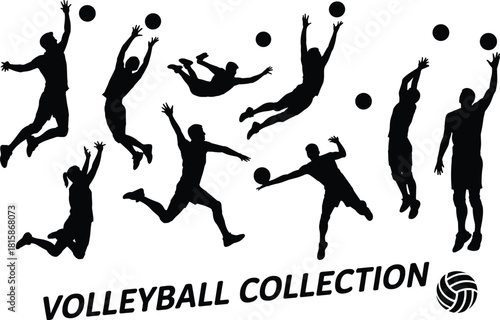 Black silhouette vector collection of volleyball players, men and women athletes spiking and diving, isolated sports set with text.