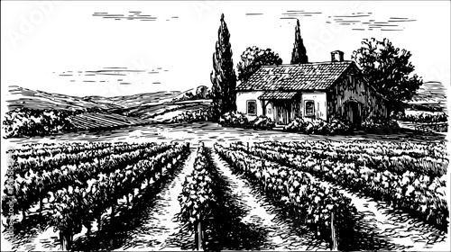 Vineyard and cottage landscape with farmhouse and fields. Rural scene in black and white vector illustration.