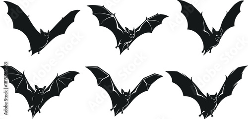Flying bat silhouettes in dynamic wing positions, spooky nocturnal wildlife graphic set for Halloween themes, cad drawing flat vector illustration