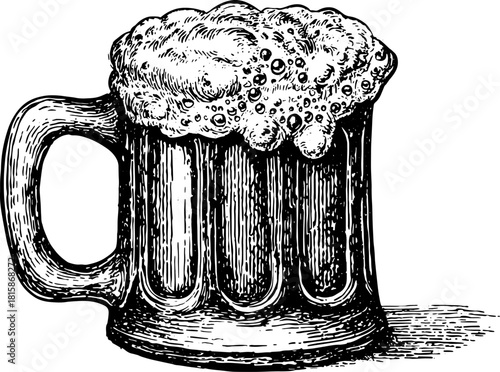 Beer mug with foam depicted in vintage handdrawn style. Black and white engraving vector illustration.