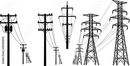 "High voltage power transmission towers and utility poles silhouette illustration showcasing electrical grid infrastructure in detailed cad drawing flat vector illustration"