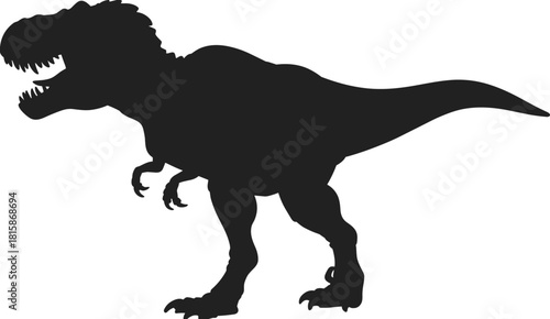 Black silhouette vector illustration of roaring Tyrannosaurus Rex, prehistoric dinosaur predator, isolated side view on white background.