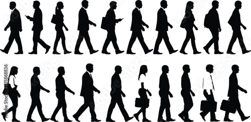 Black silhouettes of diverse business people walking in a line, commuting to work with bags and phones, isolated on white background