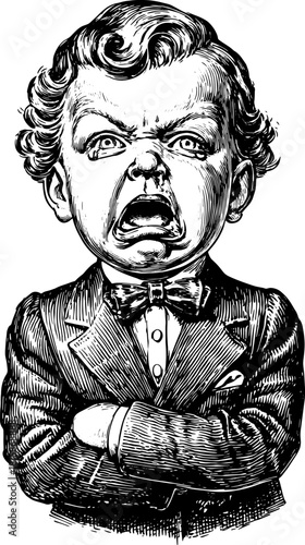 Engraved illustration of an angry child in a suit with a bowtie. This vintage artwork features intricate details and is a classic vector illustration.