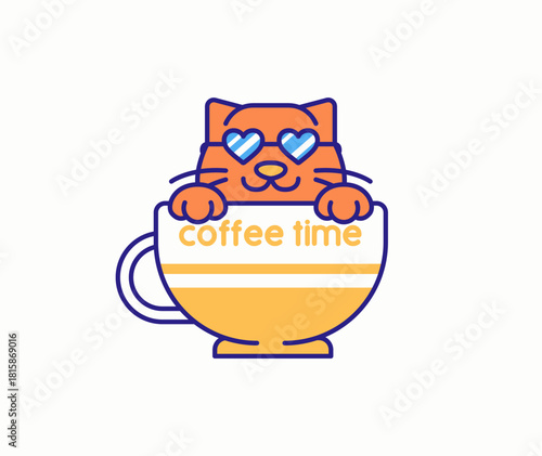 Cheerful orange cat wearing heart shaped sunglasses sits inside a large coffee cup labeled coffee time. A fun and playful design perfect for cafe themes, cute branding, and cozy moments