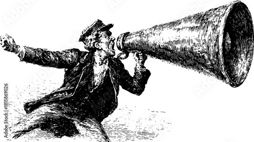 Man shouting through a megaphone in vintage style. Detailed black and white vector illustration.