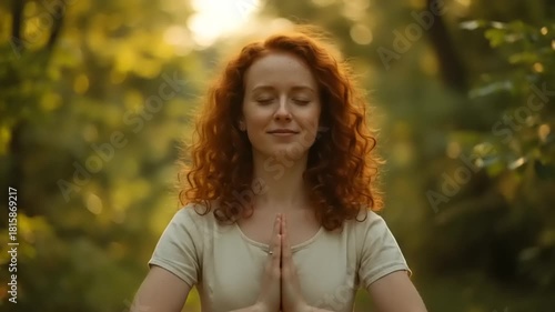 Serene woman practicing mindfulness in a lush forest during golden hour, surrounded by nature's beauty