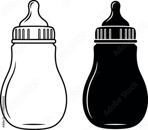 Vector illustration of two baby milk bottles, black silhouette and outline icons isolated on white for infant feeding design element.