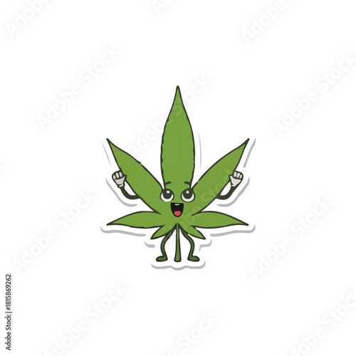 Cartoon illustration of a green cannabis leaf character with a happy face, arms raised, and legs, isolated on a white background.