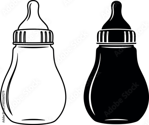 Vector illustration set of baby milk bottles, black silhouette and outline icon style, isolated on white for infant feeding.
