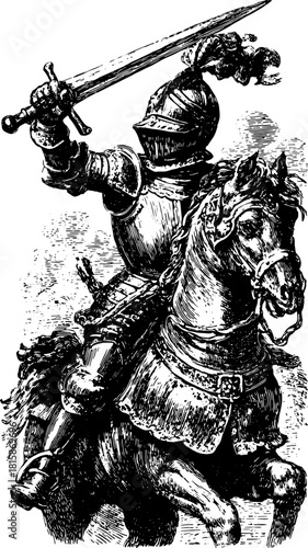 Knight on horse with sword, showcasing a battle scene in a vintage vector illustration set.