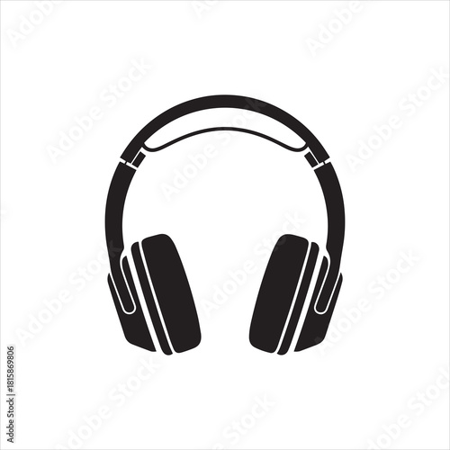 A minimalist black and white illustration of over-ear headphones with a curved headband.