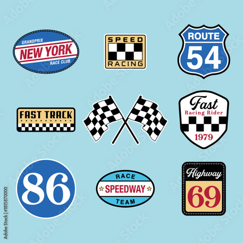 Racing patch and badges elements sticker pack vector print
