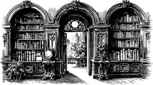 Antique engraving of a library featuring elegant bookshelves and an archway. The black outline and hand-drawn style are highlighted in this vector illustration.