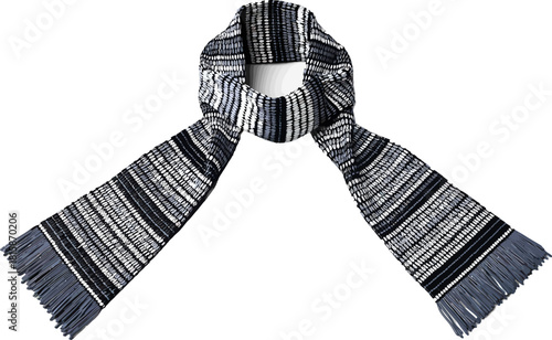 Stylish black and white striped woven scarf with tassels isolated on a white background.