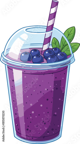 Blueberry smoothie, purple drink, healthy beverage, fruit refreshment, summer treat, dome cup, striped straw, cartoon style, fresh ingredients, illustration