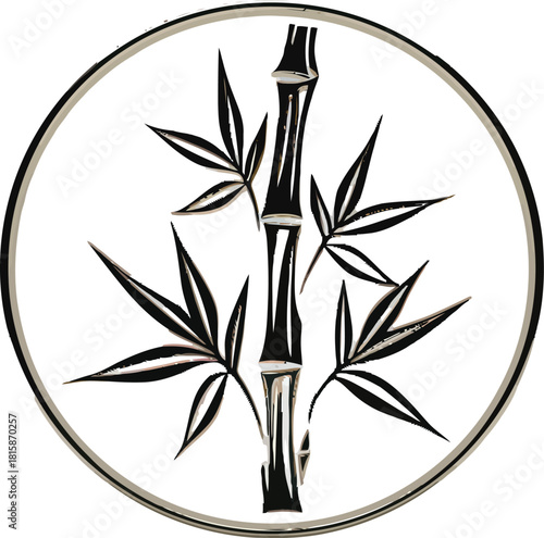 Stylized black and white bamboo stalk with leaves in a circle.