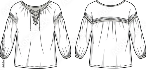 Bohemian blouse, fashion sketch, lace-up neckline, gathered sleeves, technical drawing, casual wear, women's top, front back view, garment design