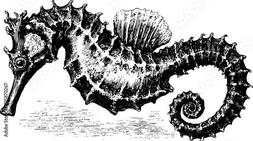 Vintage seahorse engraving in black outline style. Detailed vector illustration perfect for educational use in a set.