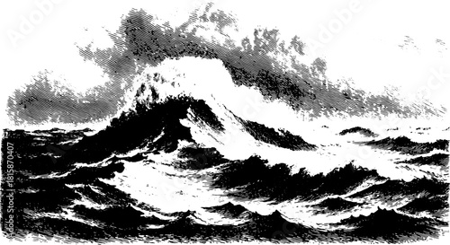 Wave illustration in stipple style. A vintage black vector artwork that captures the essence of nature with elegant outlines and texture.