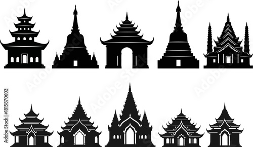 A collection of black silhouettes depicting various traditional Asian temples, pagodas, and architectural structures against a white background.