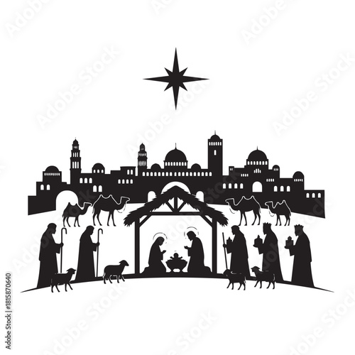 Silhouette of a Nativity scene with Mary, Joseph, baby Jesus, shepherds, wise men, animals, and a star over a cityscape.