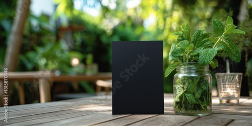 Elegant Black Menu Card Mockup with Fresh Mint on Wooden Table.