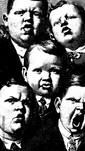 Antique engraving set featuring children in various expressions. This black and white illustration highlights vintage details in a classic style vector.