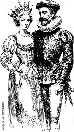 Antique engraving of a couple in detailed clothing. The illustration features a hand-drawn style highlighting regal attire, offering a vintage vector portrait.